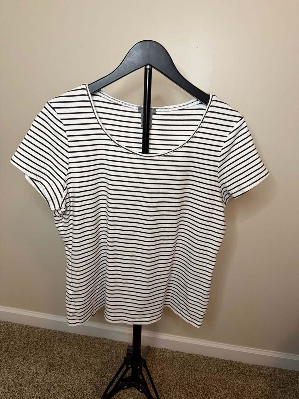 Ann Taylor Women's brown and cream Striped Short Sleeve Cotton T-Shirt Size XL